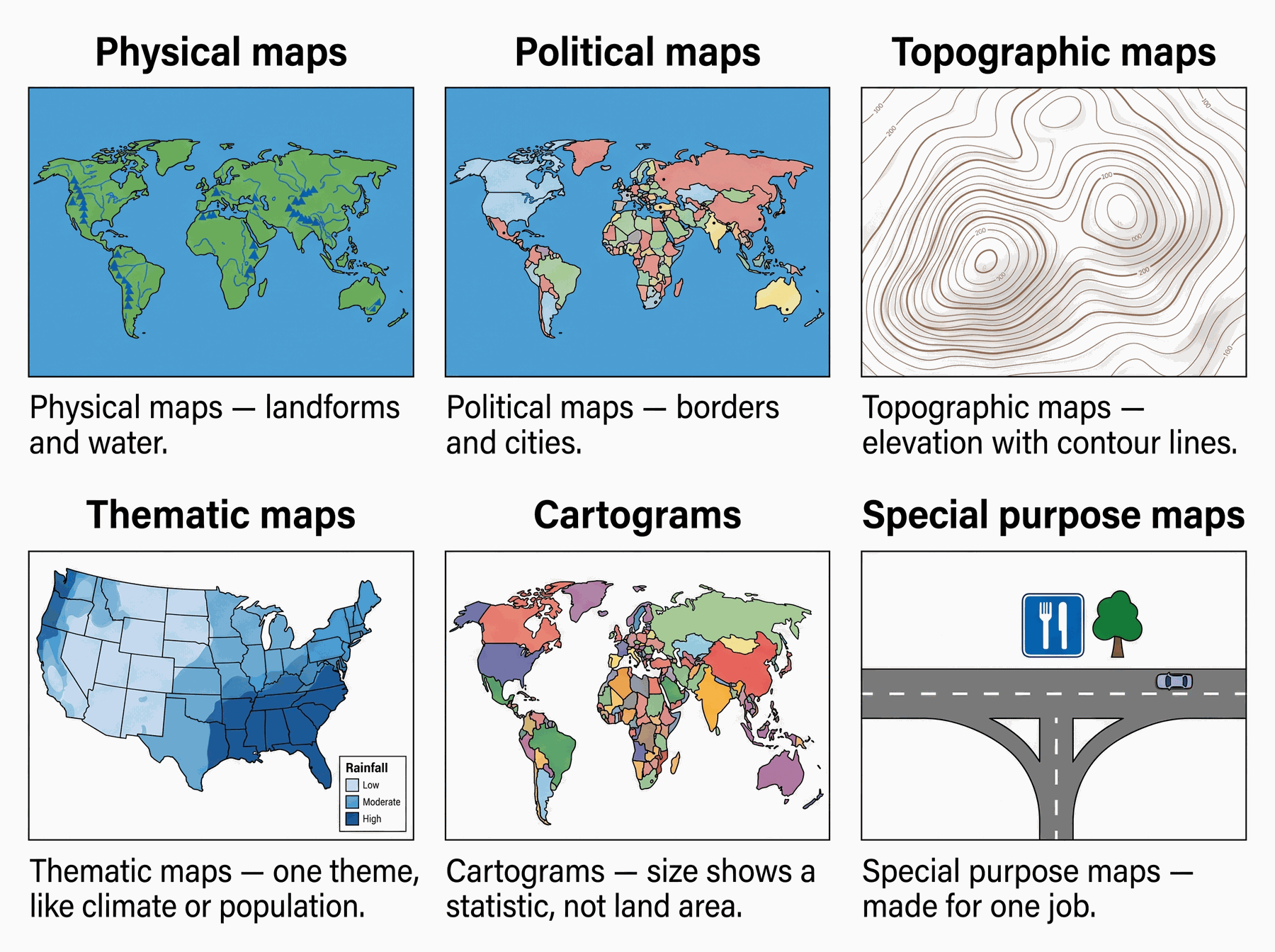 The six types on your study sheet. Match the picture to the job, not the other way around.
