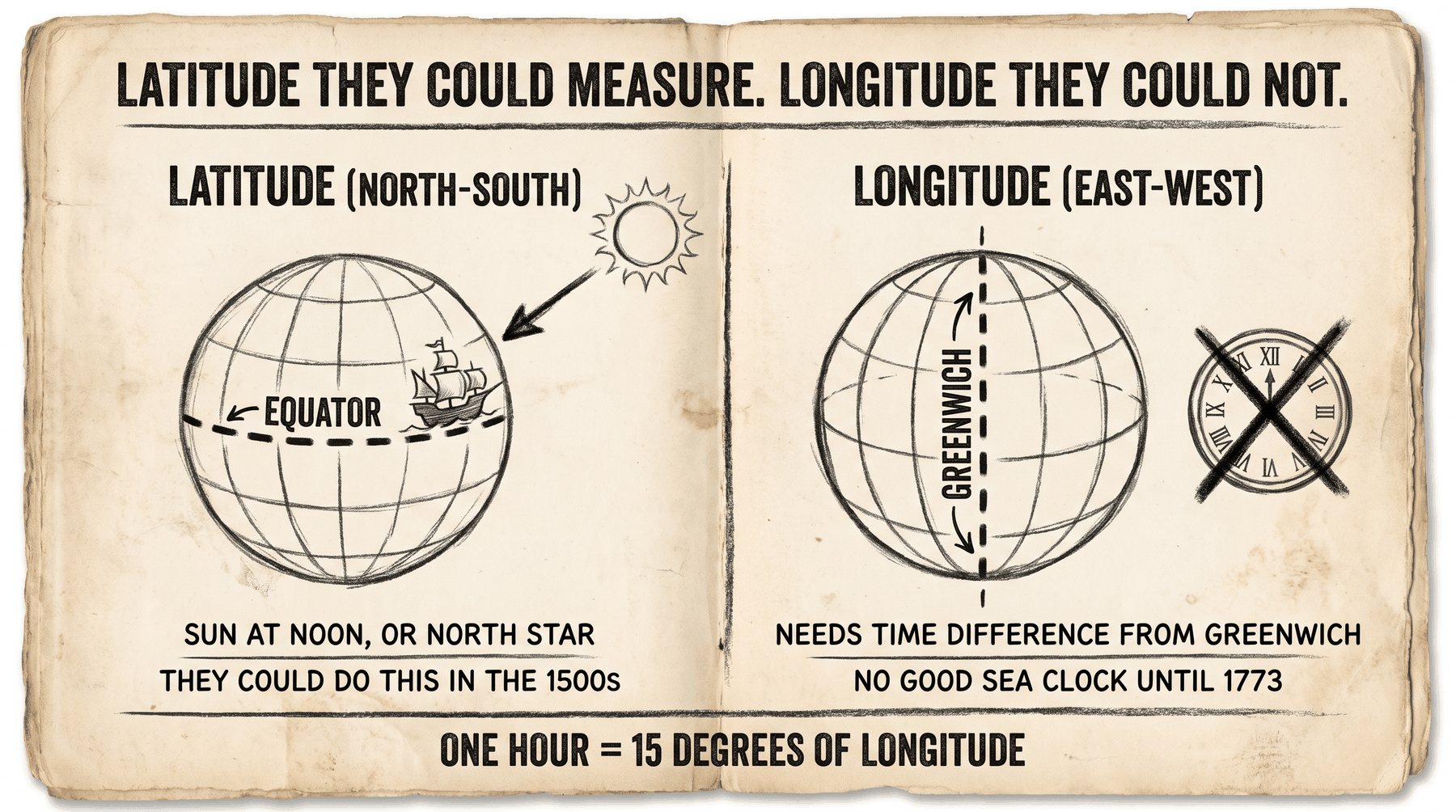 Latitude: sun or North Star. Longitude: needs a clock they did not have. Dead reckoning filled the gap, badly.