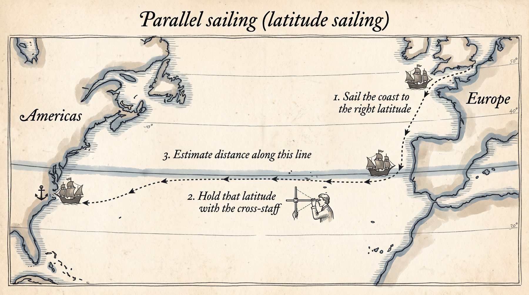Parallel sailing: get on the right latitude first, then hold it across. That is how they crossed an ocean without a longitude clock.
