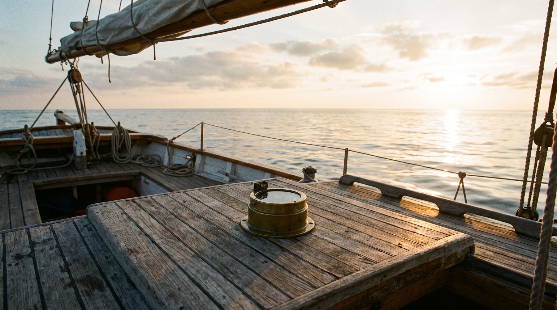 Open ocean from a sailing boat, compass on the deck