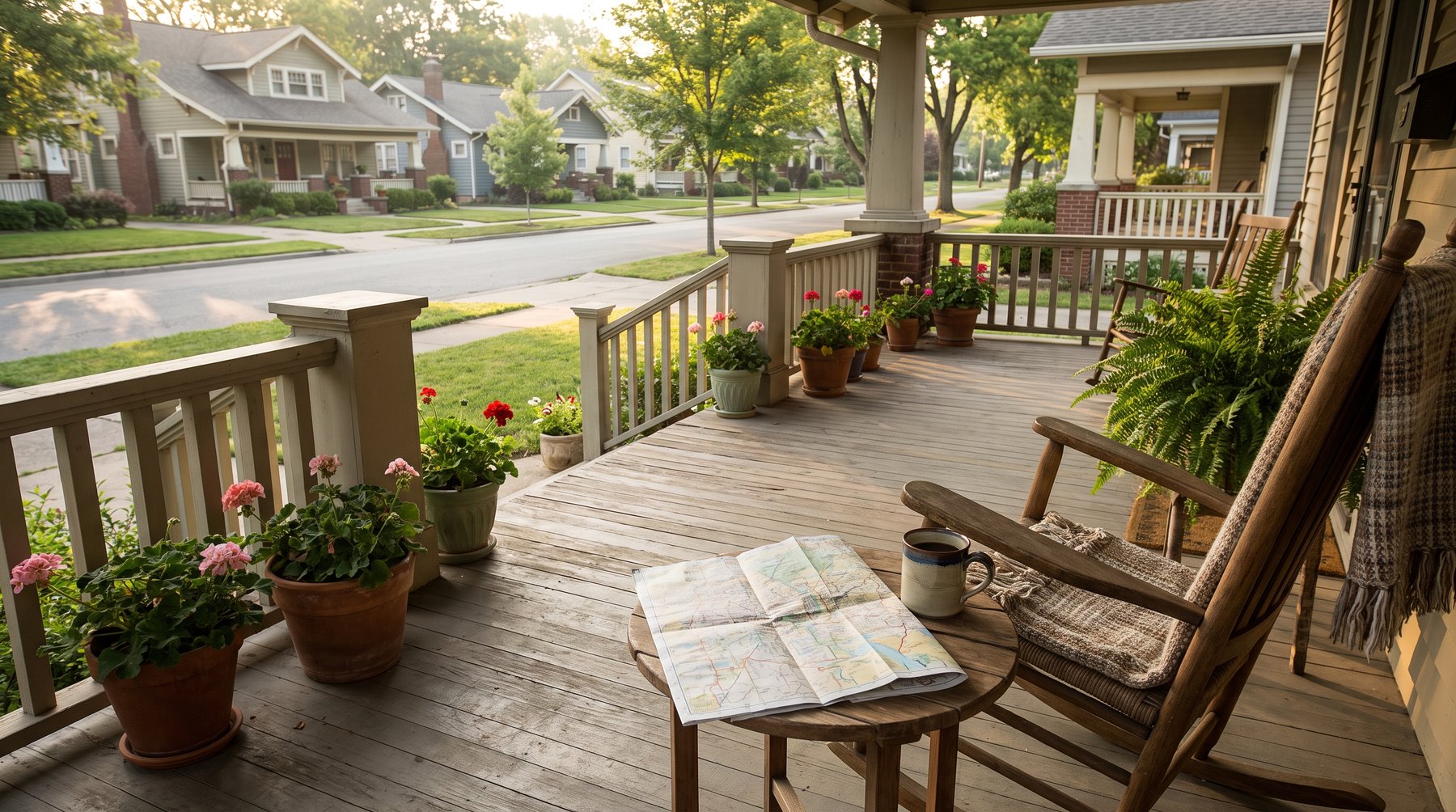 A front porch looking out on a quiet street